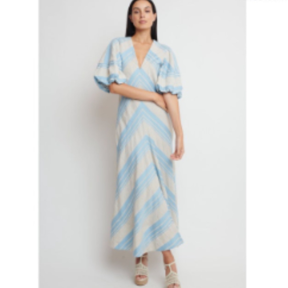 Lee Mathews Tilda Chevron Linen Blend Maxi Dress in Celadon Blue 4